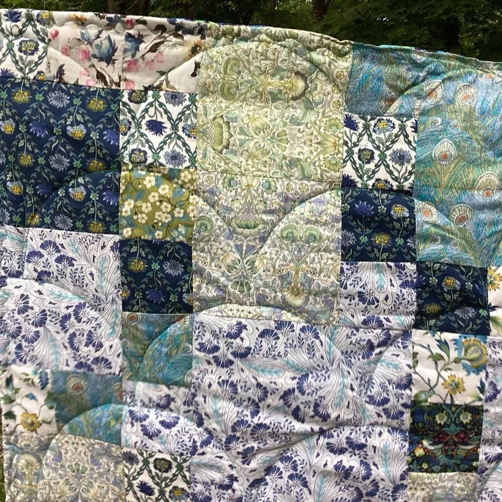 NWT. Hand Crafted Blues and Greens Gardens Quilt with Liberty Lawn Fabrics